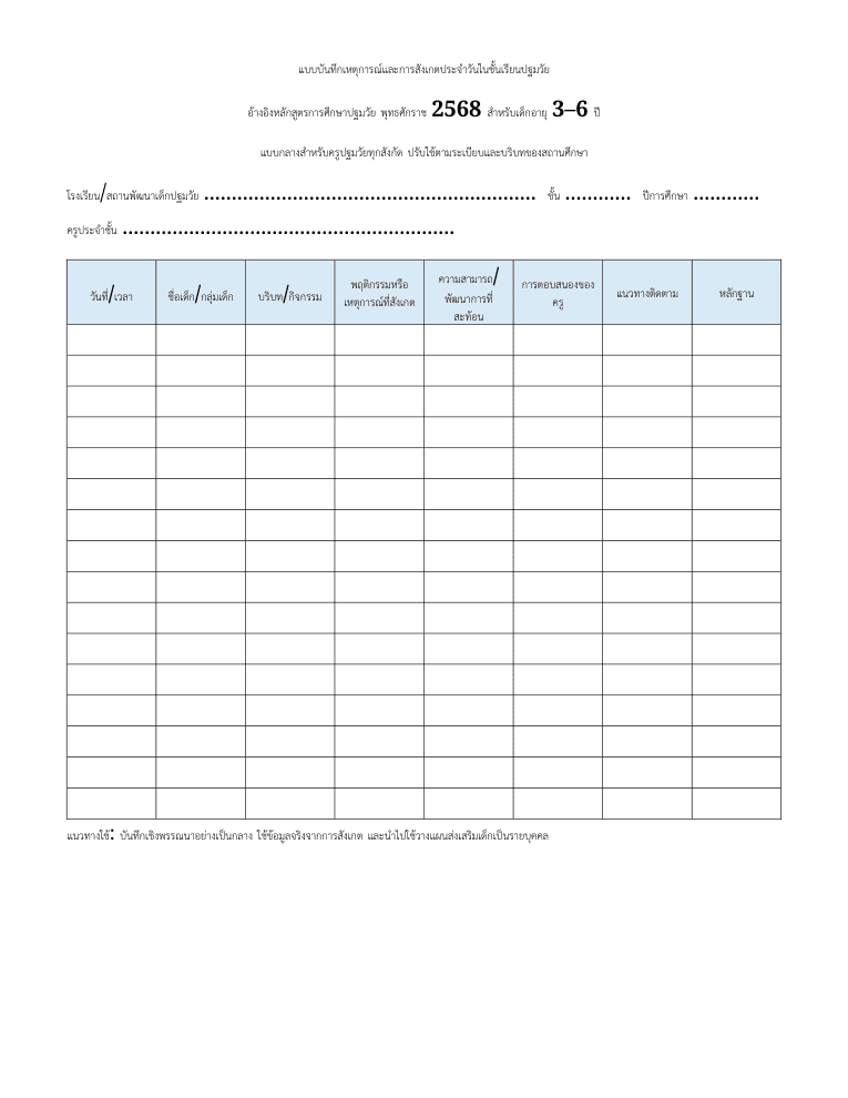 ธุรการปฐมวัย • แบบบันทึกประจำวัน